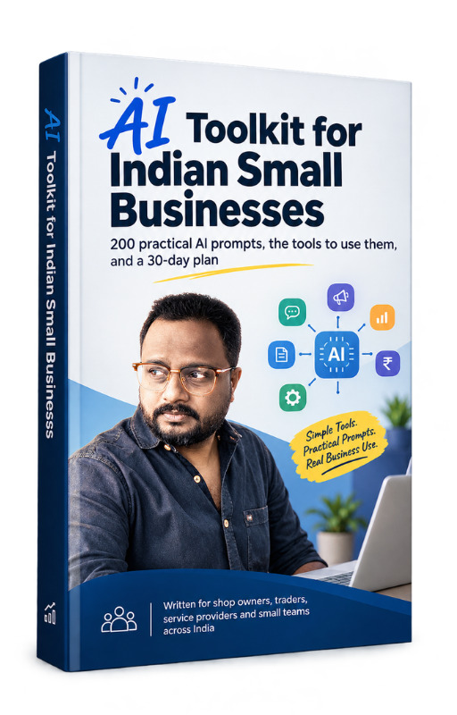 Cover of the eBook AI Toolkit for Indian Small Businesses, showing a bar chart and a chat bubble with a rupee symbol